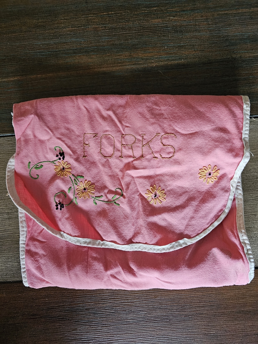 Vintage 1940s Pink Cotton Embroidered Fork Holder Pouch Cutlery